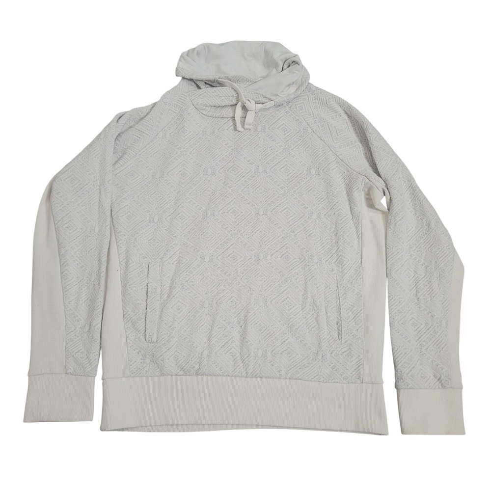 prAna Medium Diamond Jacquard Hoodie Womens Off-White Funnel Neck Athleisure